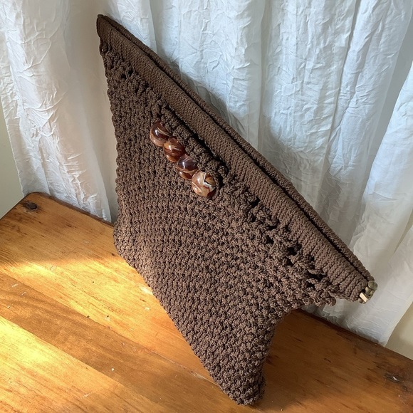 Brown Beaded Macrame Bag Purse Clutch - Picture 7 of 11